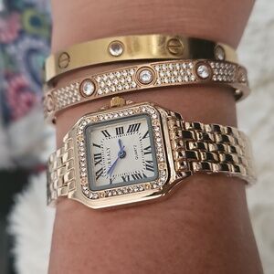 ✨ Luxury Gold-Tone Square Watch – Diamond-Accent Bezel – New ✨